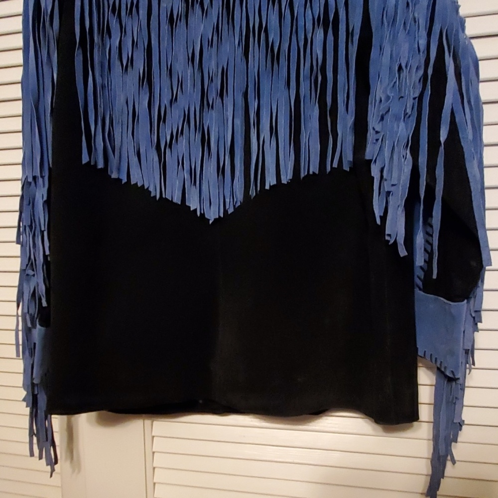 Bob Mackie Blue and Black Suede Fringe Western Jacket - Picture 8 of 10